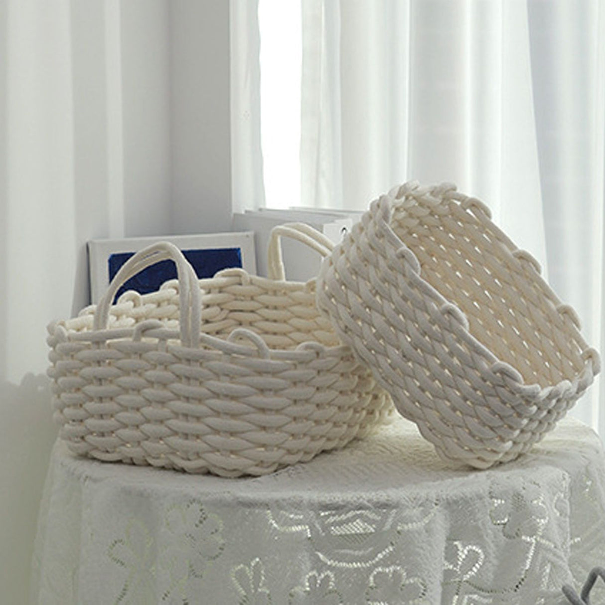 Cotton Rope Storage Basket Hand Knitting Nordic Style Desktop Storage Organizer for Key Snacks Underwear White 36x25x15cm/14.2x9.8x5.9in