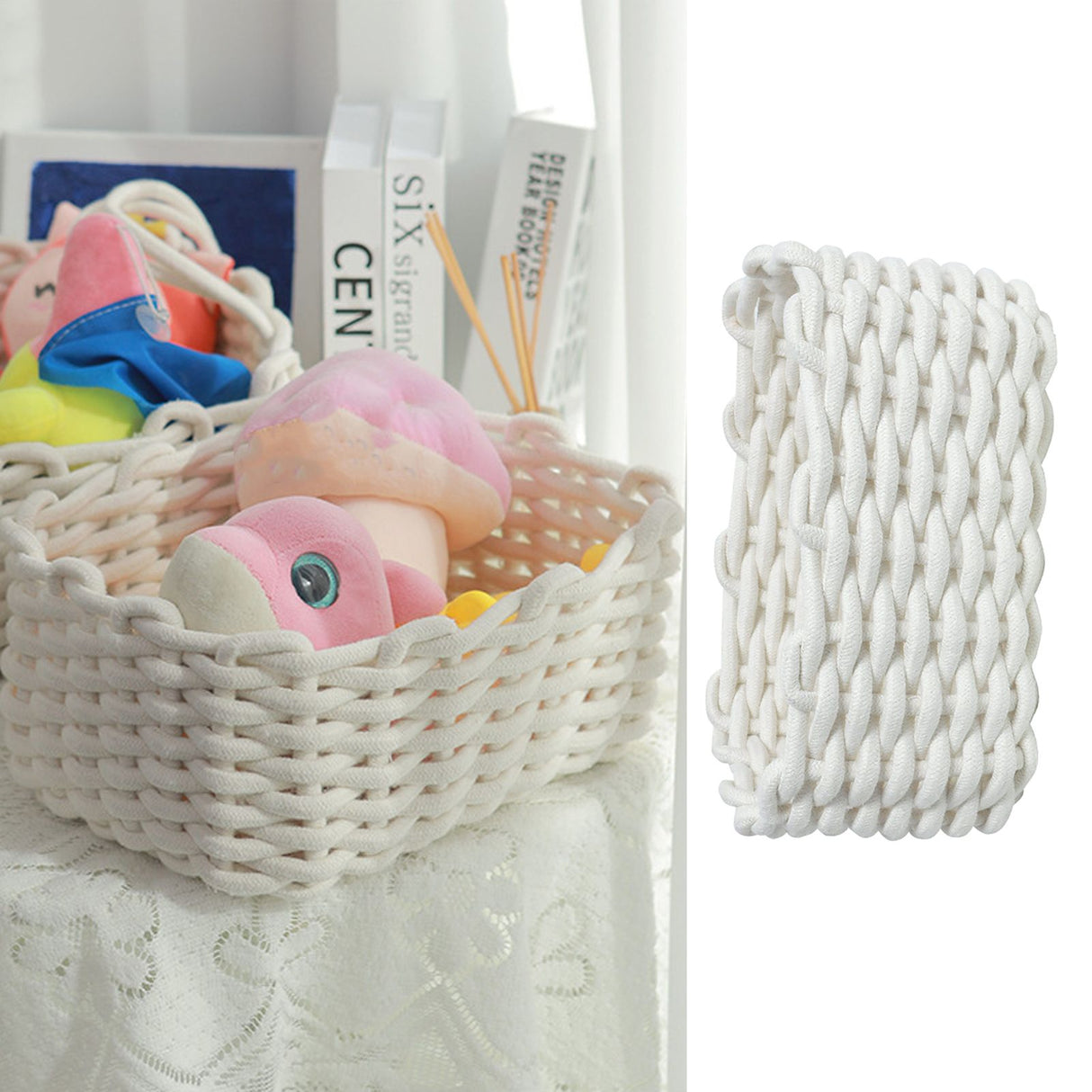 Cotton Rope Storage Basket Hand Knitting Nordic Style Desktop Storage Organizer for Key Snacks Underwear White 30x22x14cm/11.8x8.7x5.5in