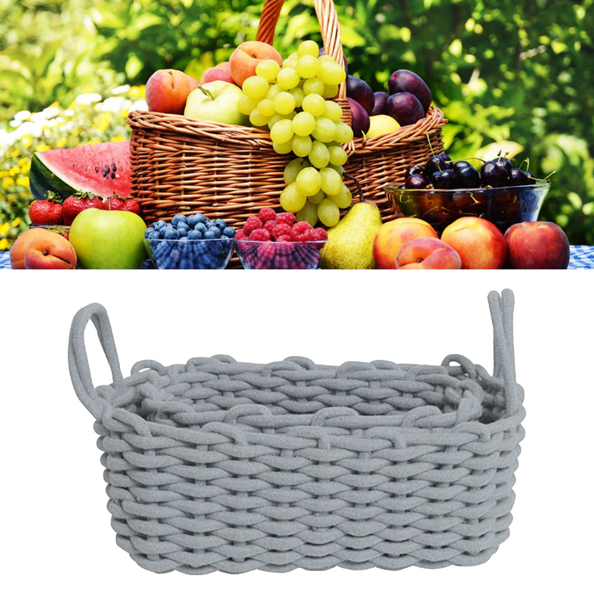 Cotton Rope Storage Basket Hand Knitting Nordic Style Desktop Storage Organizer for Key Snacks Underwear Grey 36x25x15cm/14.2x9.8x5.9in