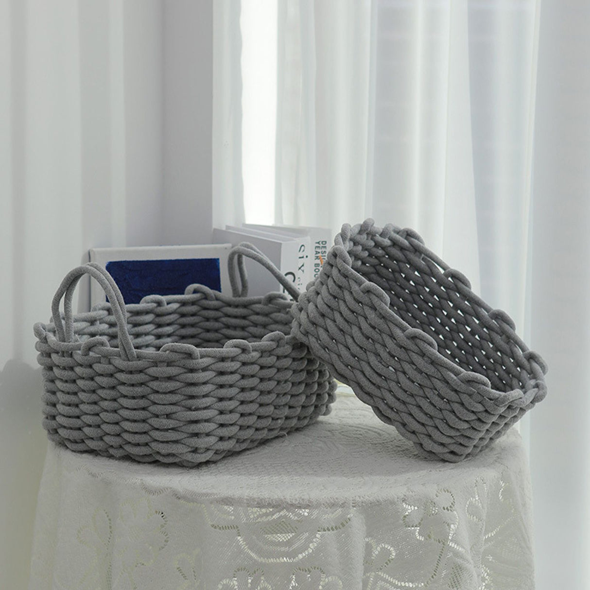 Cotton Rope Storage Basket Hand Knitting Nordic Style Desktop Storage Organizer for Key Snacks Underwear Grey 36x25x15cm/14.2x9.8x5.9in