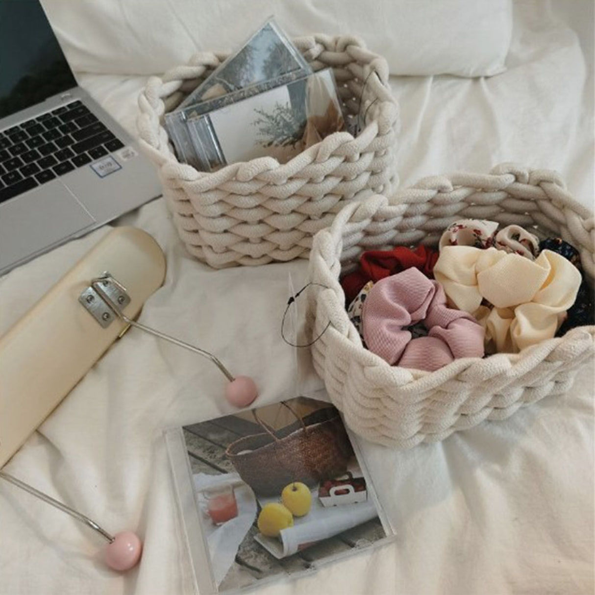 Cotton Rope Storage Basket White Simple Desktop Storage Organizer for Key Wallet Cosmetics