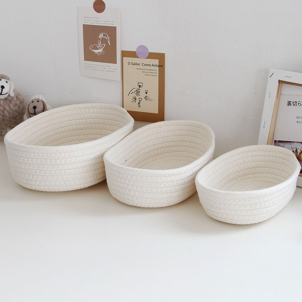 3 Pcs Desktop Storage Basket Oval Organizer Container Cotton Rope Hand Woven for Makeup Snacks White