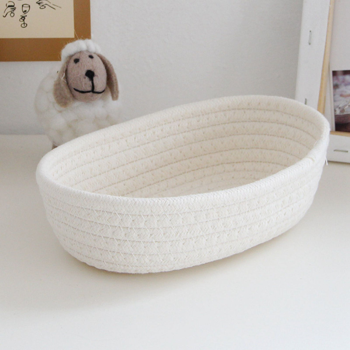 3 Pcs Desktop Storage Basket Oval Organizer Container Cotton Rope Hand Woven for Makeup Snacks White