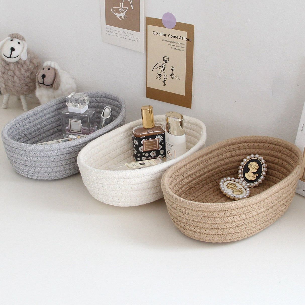 3 Pcs Desktop Storage Basket Oval Organizer Container Cotton Rope Hand Woven for Makeup Snacks White