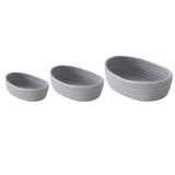 3 Pcs Desktop Storage Basket Oval Organizer Container Cotton Rope Hand Woven for Makeup Snacks Grey - Front View
