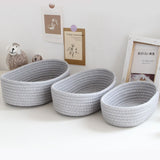 3 Pcs Desktop Storage Basket Oval Organizer Container Cotton Rope Hand Woven for Makeup Snacks Grey - 45-Degree Angle