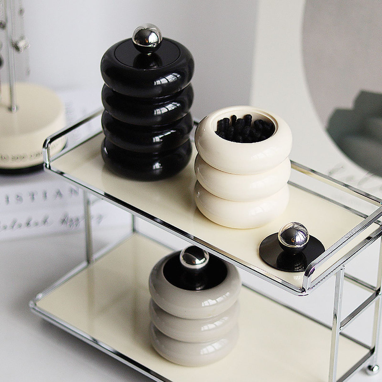 Nordic Style Qtip Holder Dispenser Desktop Dustproof Cotton Swab Storage Container Doughnut Shape Makeup Storage Box with Lid Milky White 3 Layers