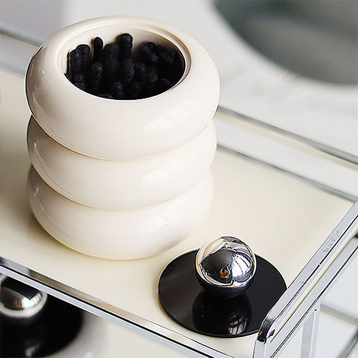 Nordic Style Qtip Holder Dispenser Desktop Dustproof Cotton Swab Storage Container Doughnut Shape Makeup Storage Box with Lid Milky White 3 Layers