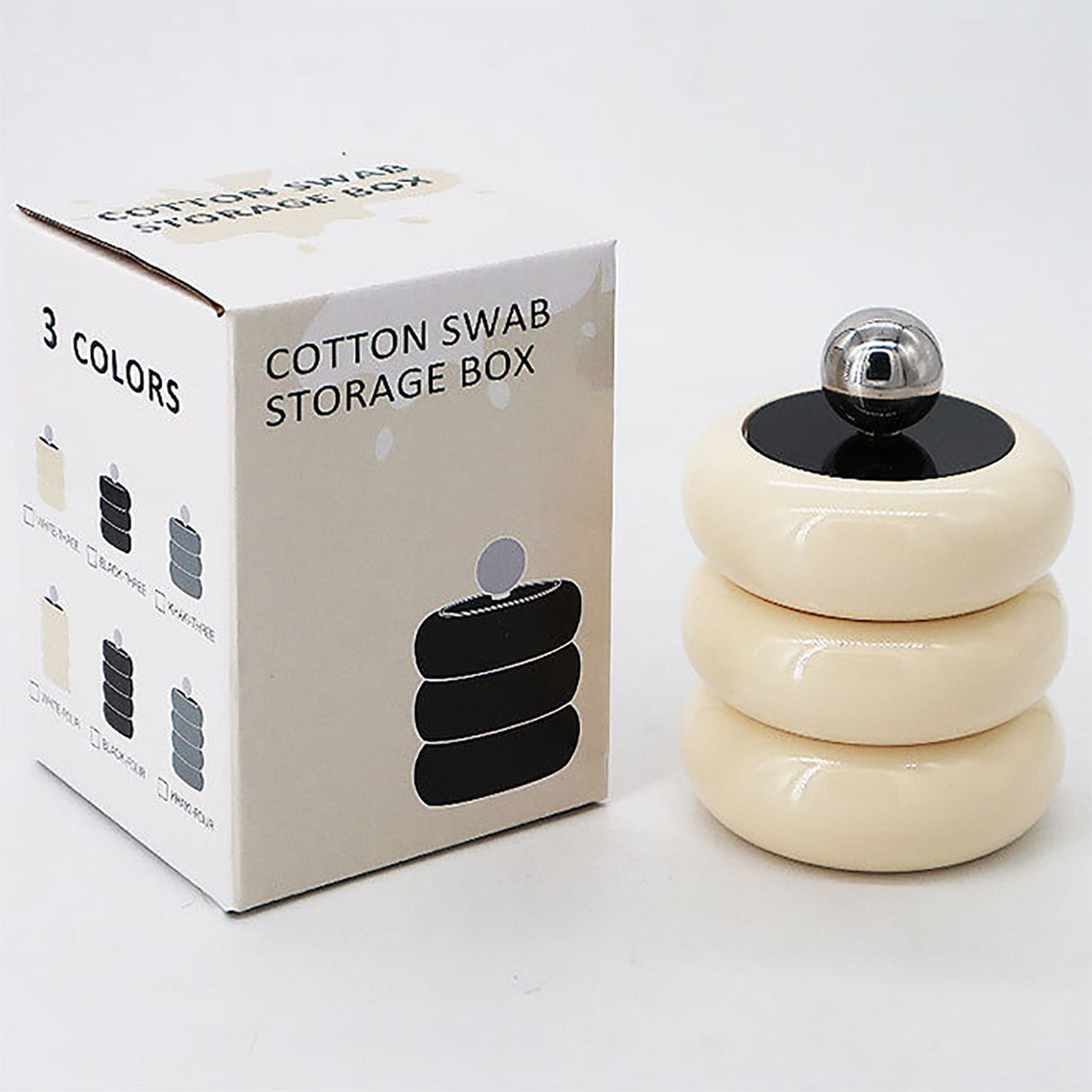 Nordic Style Qtip Holder Dispenser Desktop Dustproof Cotton Swab Storage Container Doughnut Shape Makeup Storage Box with Lid Milky White 3 Layers