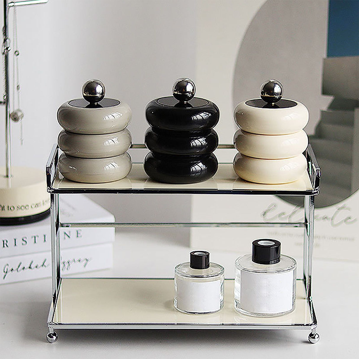 Nordic Style Qtip Holder Dispenser Desktop Dustproof Cotton Swab Storage Container Doughnut Shape Makeup Storage Box with Lid Black 3 Layers