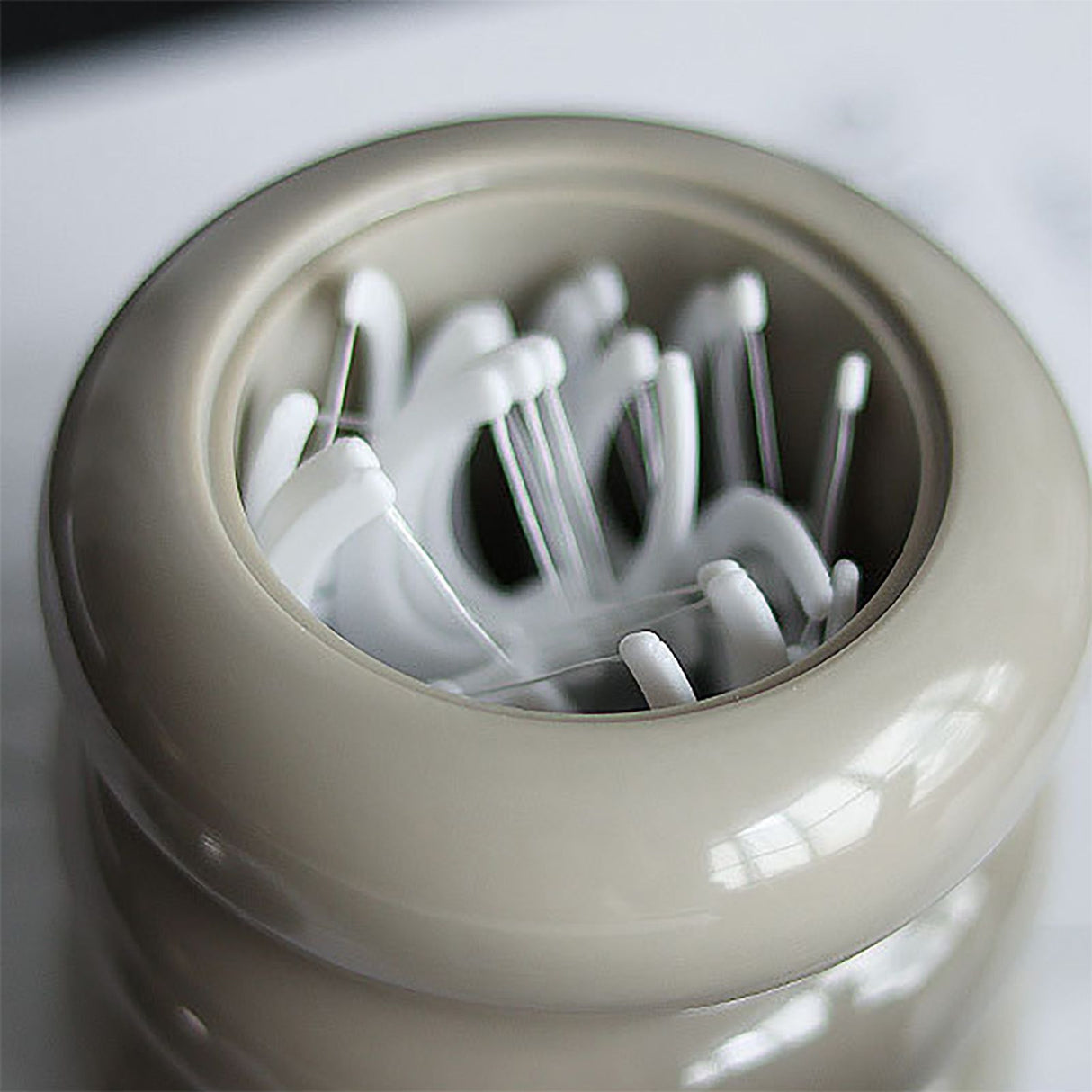 Nordic Style Qtip Holder Dispenser Desktop Dustproof Cotton Swab Storage Container Doughnut Shape Makeup Storage Box with Lid Khaki 4 Layers