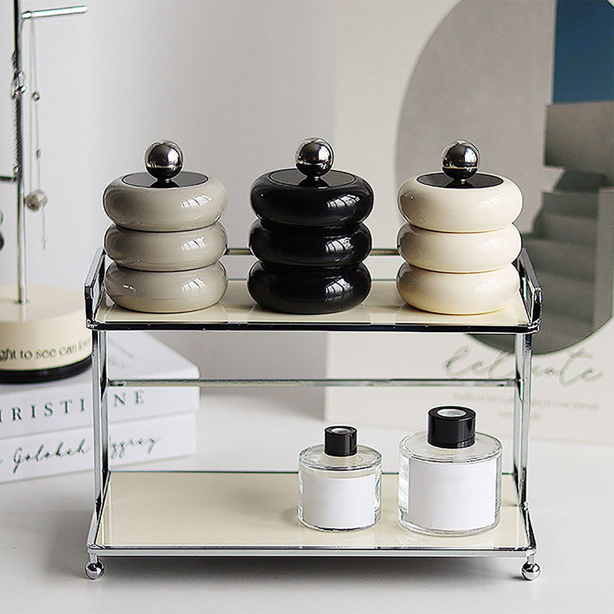 Nordic Style Qtip Holder Dispenser Desktop Dustproof Cotton Swab Storage Container Doughnut Shape Makeup Storage Box with Lid Khaki 4 Layers