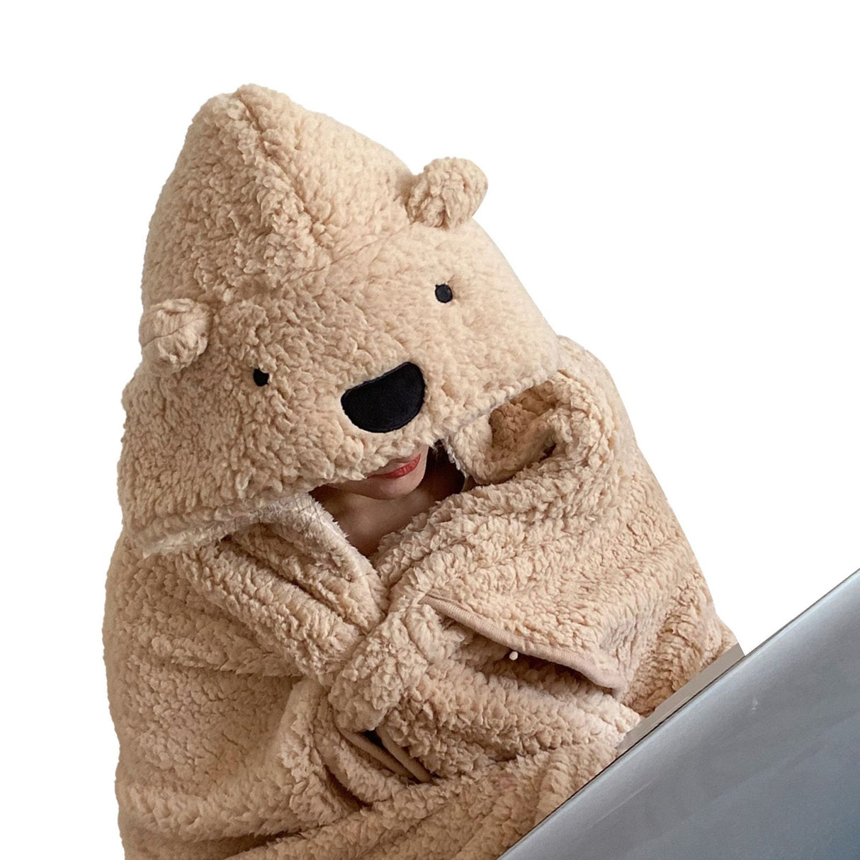 Winter Throw Blanket Cloak With Hood Thick Soft Plush Warm Wearable Blanket for Children and Adults Beige 120x123cm