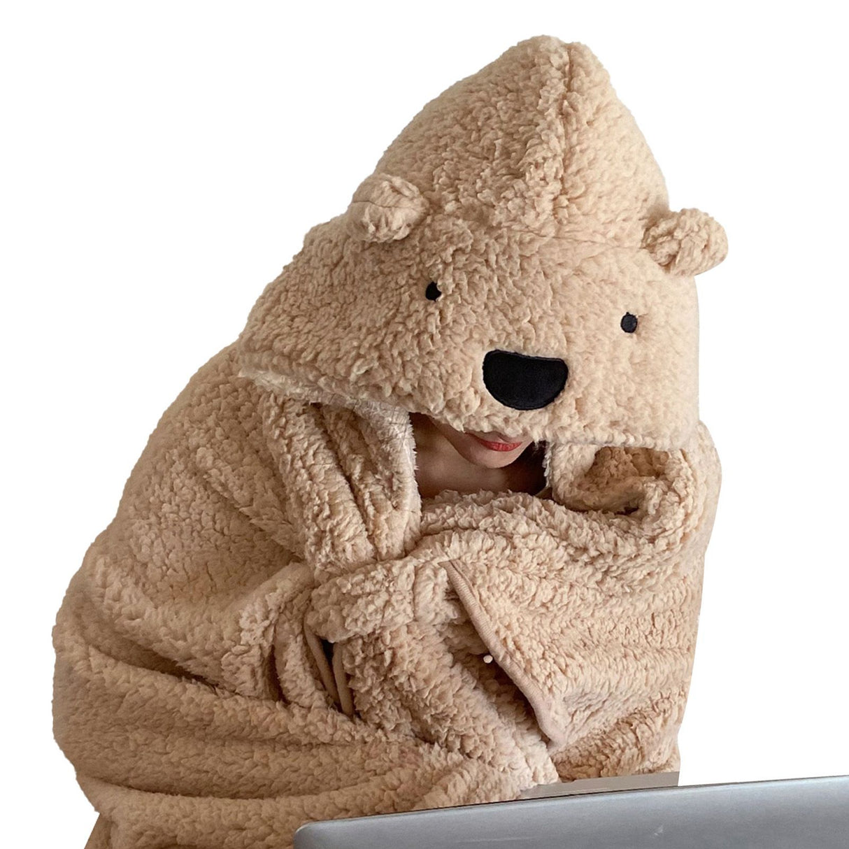 Winter Throw Blanket Cloak With Hood Thick Soft Plush Warm Wearable Blanket for Children and Adults Beige 120x123cm