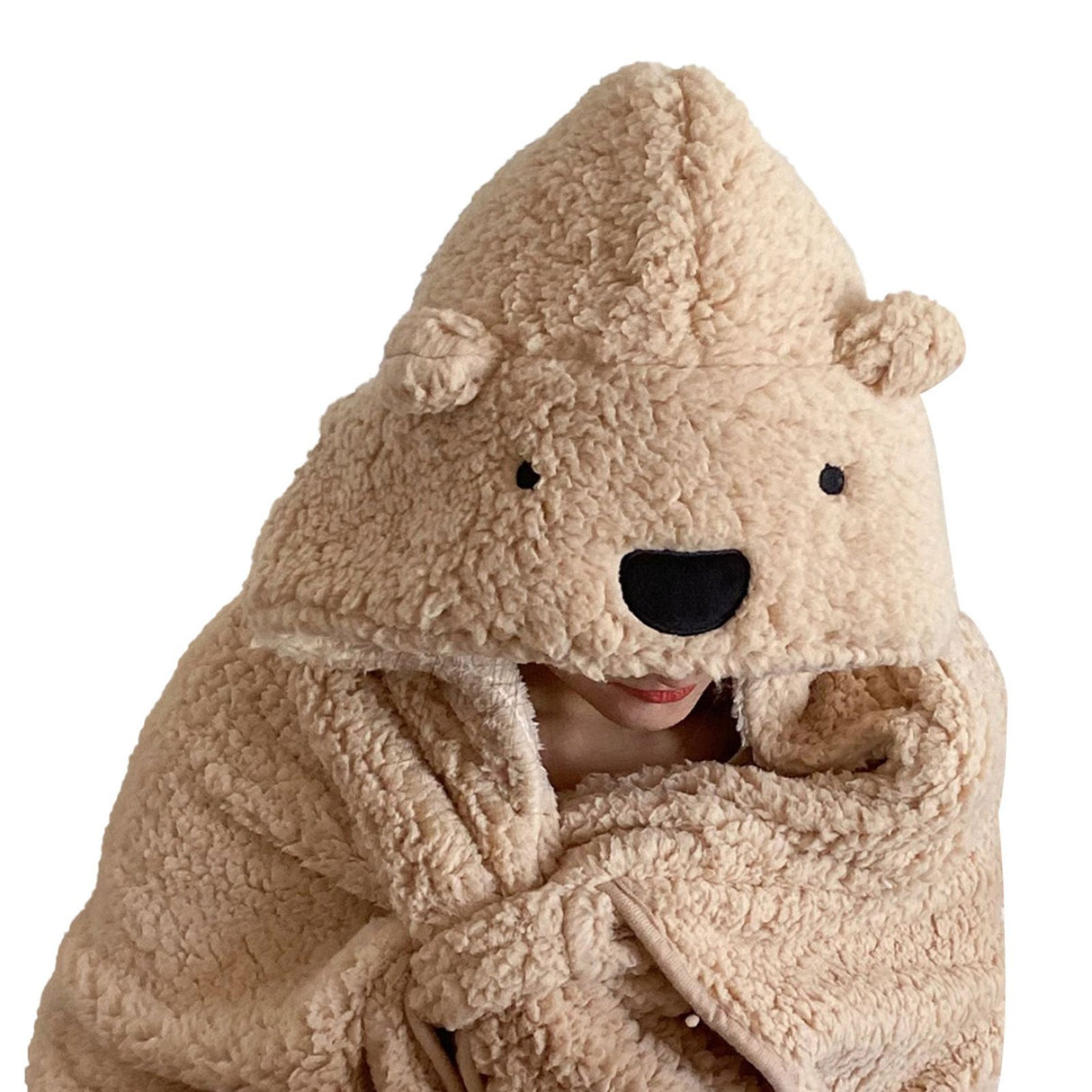 Winter Throw Blanket Cloak With Hood Thick Soft Plush Warm Wearable Blanket for Children and Adults Beige 120x123cm
