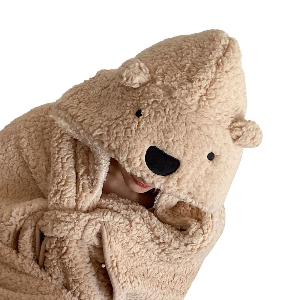 Winter Throw Blanket Cloak With Hood Thick Soft Plush Warm Wearable Blanket for Children and Adults Beige 120x123cm
