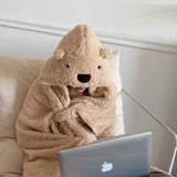 Winter Throw Blanket Cloak With Hood Thick Soft Plush Warm Wearable Blanket for Children and Adults Beige 120x123cm - Extra Image