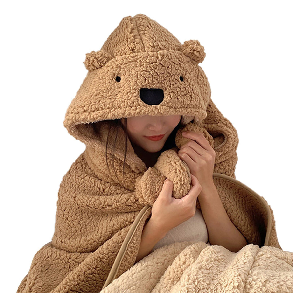 Winter Throw Blanket Cloak With Hood Thick Soft Plush Warm Wearable Blanket for Children and Adults Brown 120x123cm