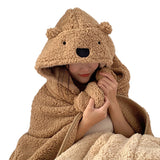 Winter Throw Blanket Cloak With Hood Thick Soft Plush Warm Wearable Blanket for Children and Adults Brown 120x123cm