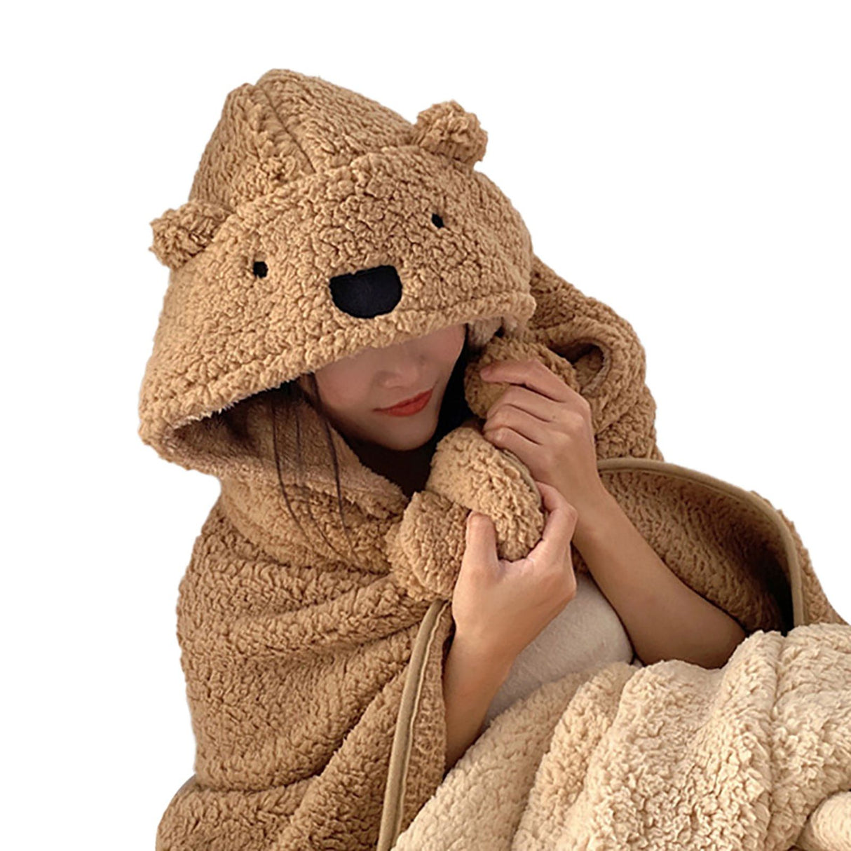 Winter Throw Blanket Cloak With Hood Thick Soft Plush Warm Wearable Blanket for Children and Adults Brown 120x123cm