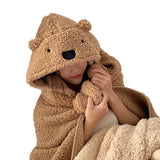 Winter Throw Blanket Cloak With Hood Thick Soft Plush Warm Wearable Blanket for Children and Adults Brown 120x123cm