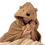 Winter Throw Blanket Cloak With Hood Thick Soft Plush Warm Wearable Blanket for Children and Adults Brown 120x123cm - Top-Down View