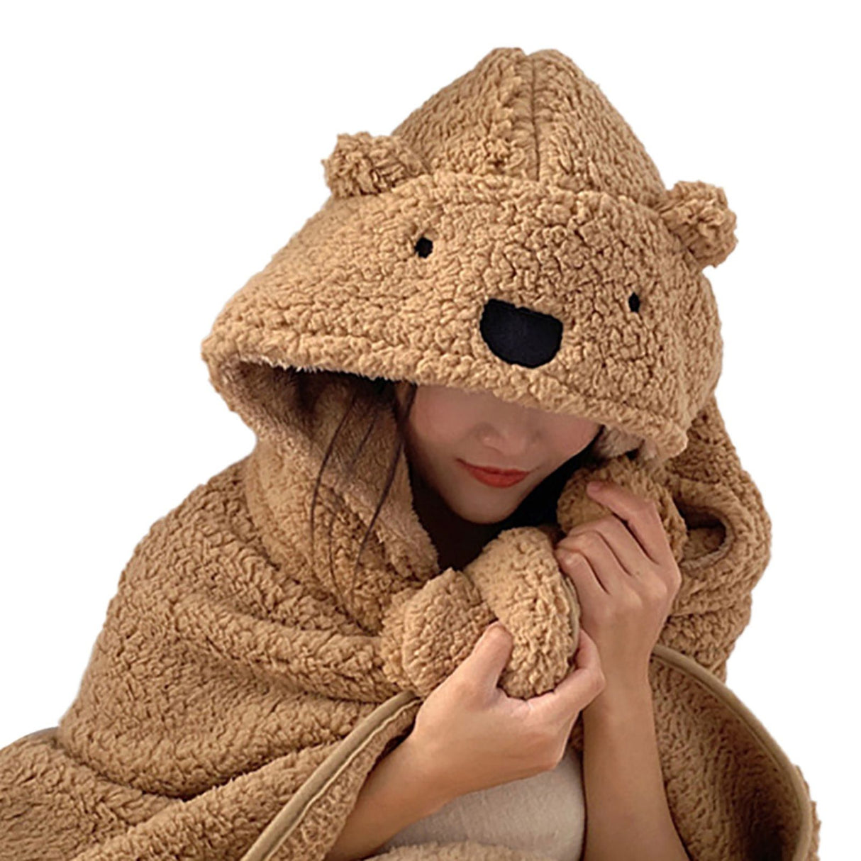 Winter Throw Blanket Cloak With Hood Thick Soft Plush Warm Wearable Blanket for Children and Adults Brown 120x123cm
