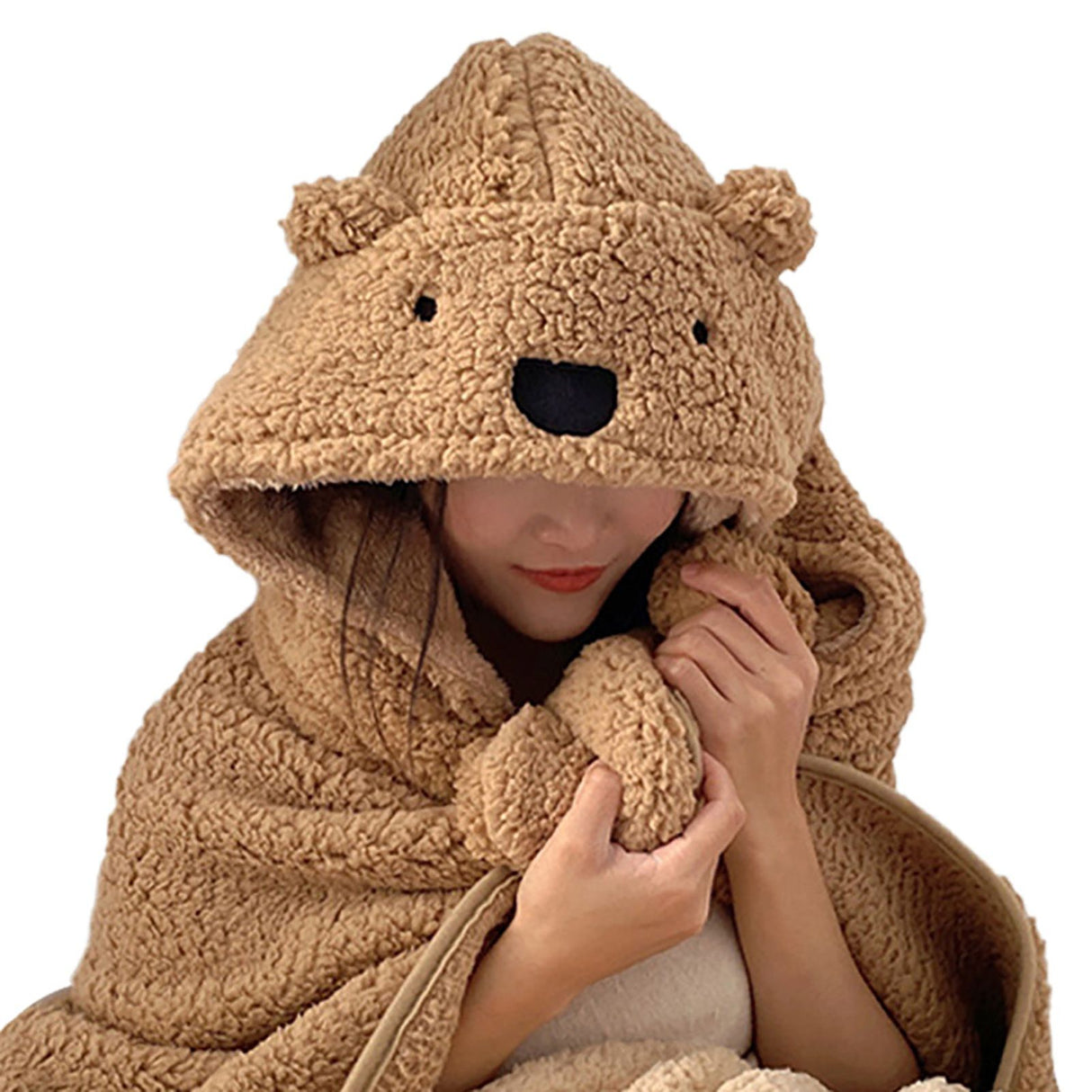 Winter Throw Blanket Cloak With Hood Thick Soft Plush Warm Wearable Blanket for Children and Adults Brown 120x123cm