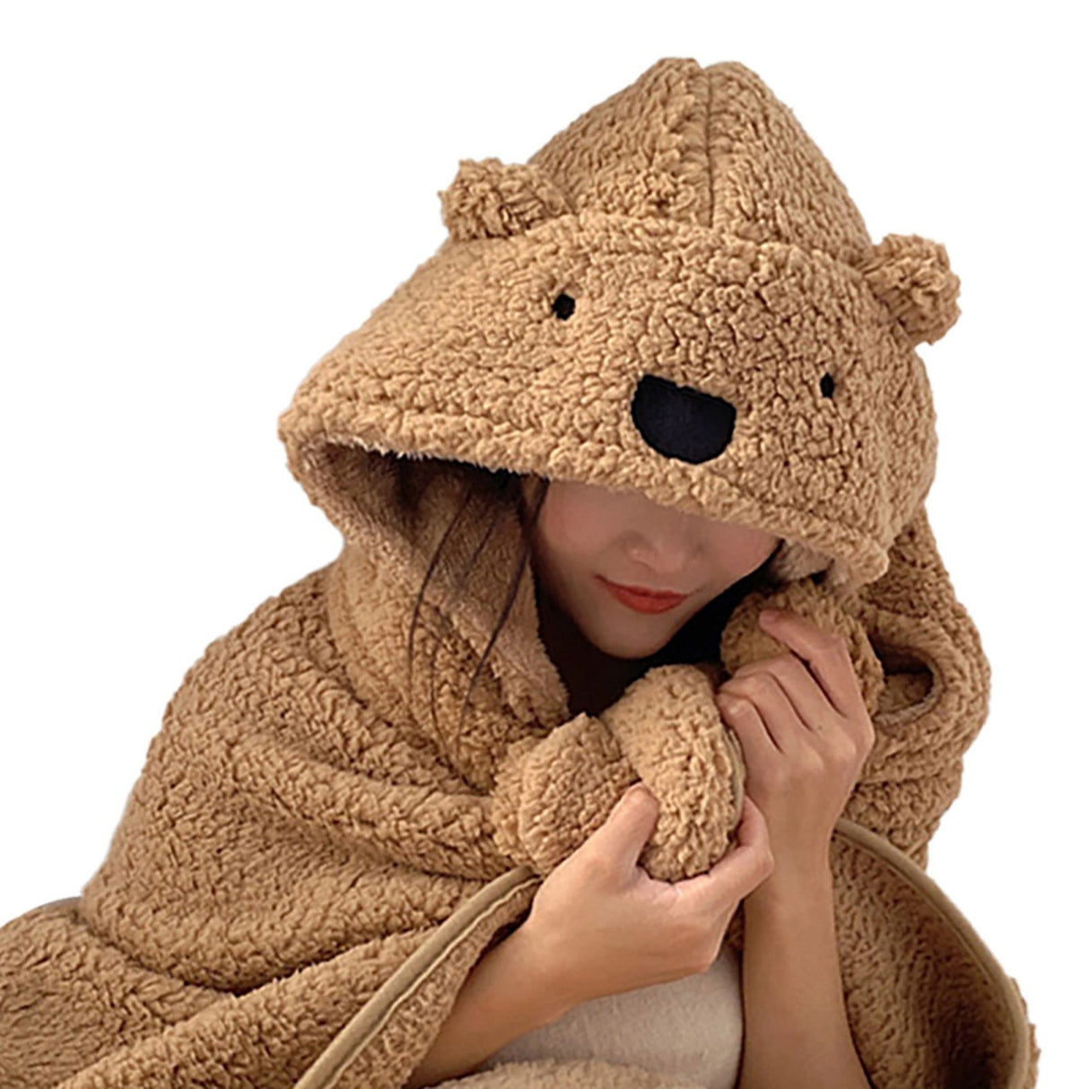 Winter Throw Blanket Cloak With Hood Thick Soft Plush Warm Wearable Blanket for Children and Adults Brown 120x123cm