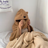Winter Throw Blanket Cloak With Hood Thick Soft Plush Warm Wearable Blanket for Children and Adults Brown 120x123cm