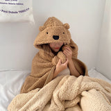 Winter Throw Blanket Cloak With Hood Thick Soft Plush Warm Wearable Blanket for Children and Adults Brown 120x123cm