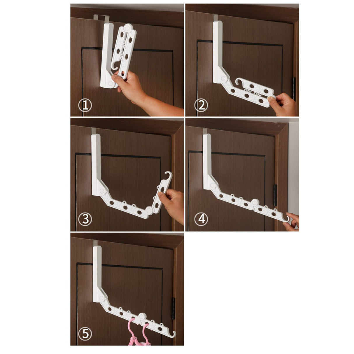 Folding Door Hanger with 5 Holes Retractable Over The Door Laundry Clothes Hanger Rack Space Saving Coat Organizer White