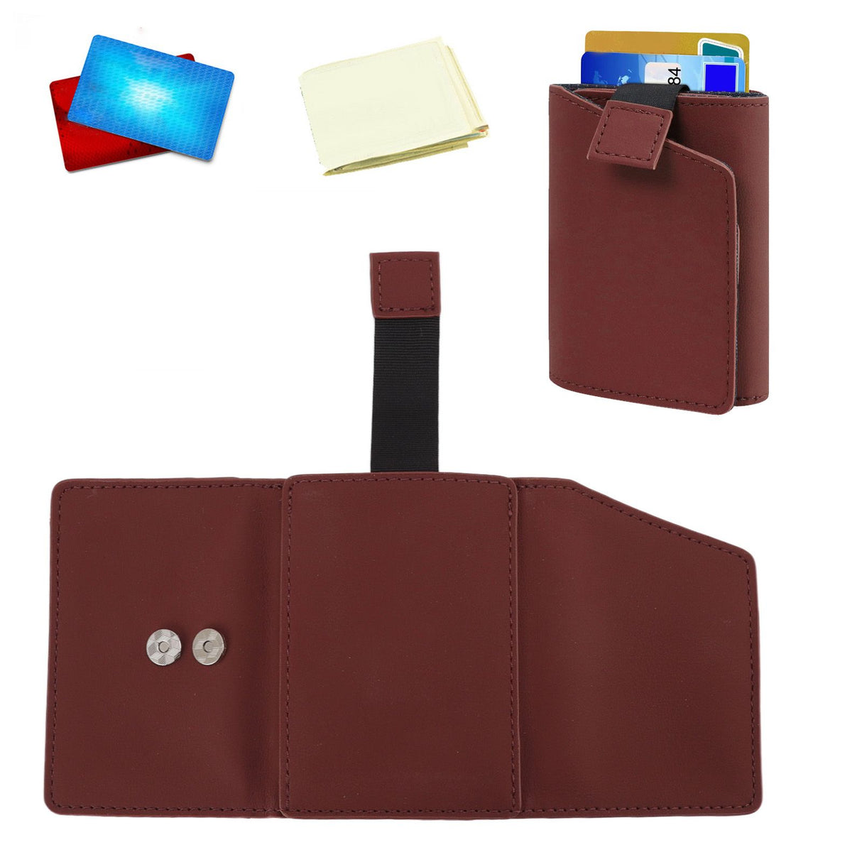 Minimalist Wallet Leather Credit Card Holder Coin Purse Portable Multi Function Card Holder Wallet for Men Women Brownish Red