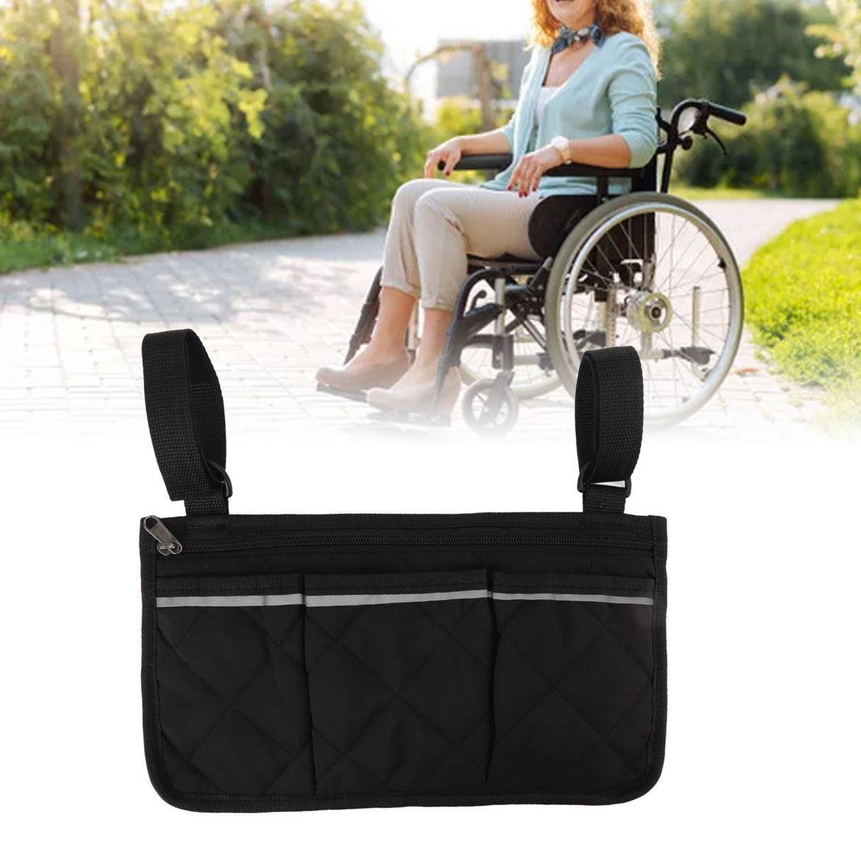 Wheelchair Pouch Bag Waterproof Polyester Multi Pocket Design Wheelchair Side Pocket for Outdoor Mobile Chair Black