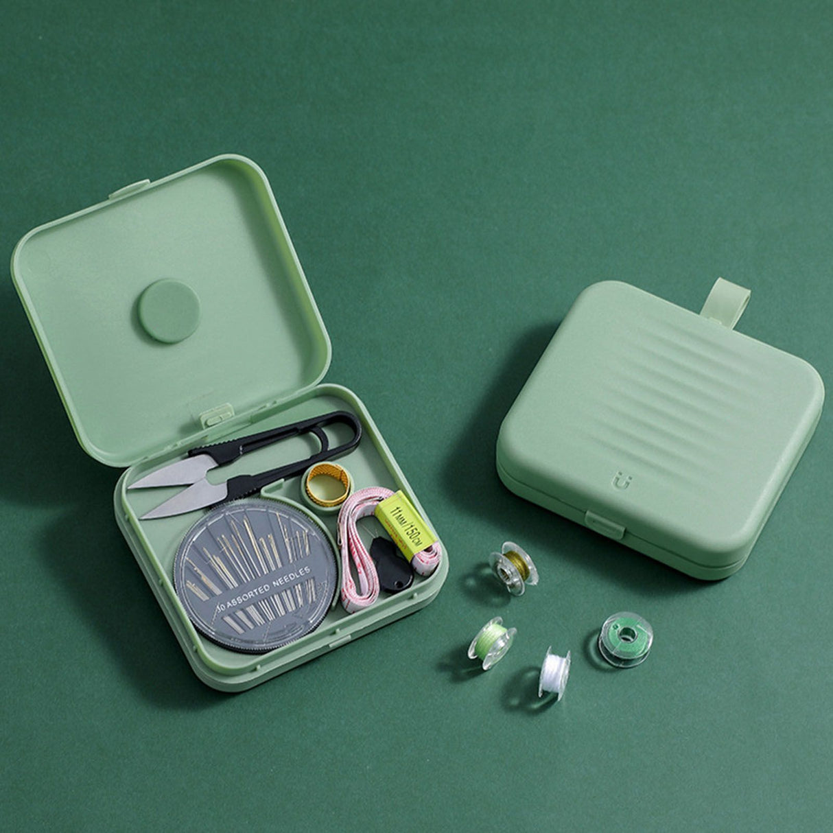 Magnetic Suction Sewing Box Portable Small Double Layer Magnetic Sewing Box Kit for Home Dormitory Travel Green