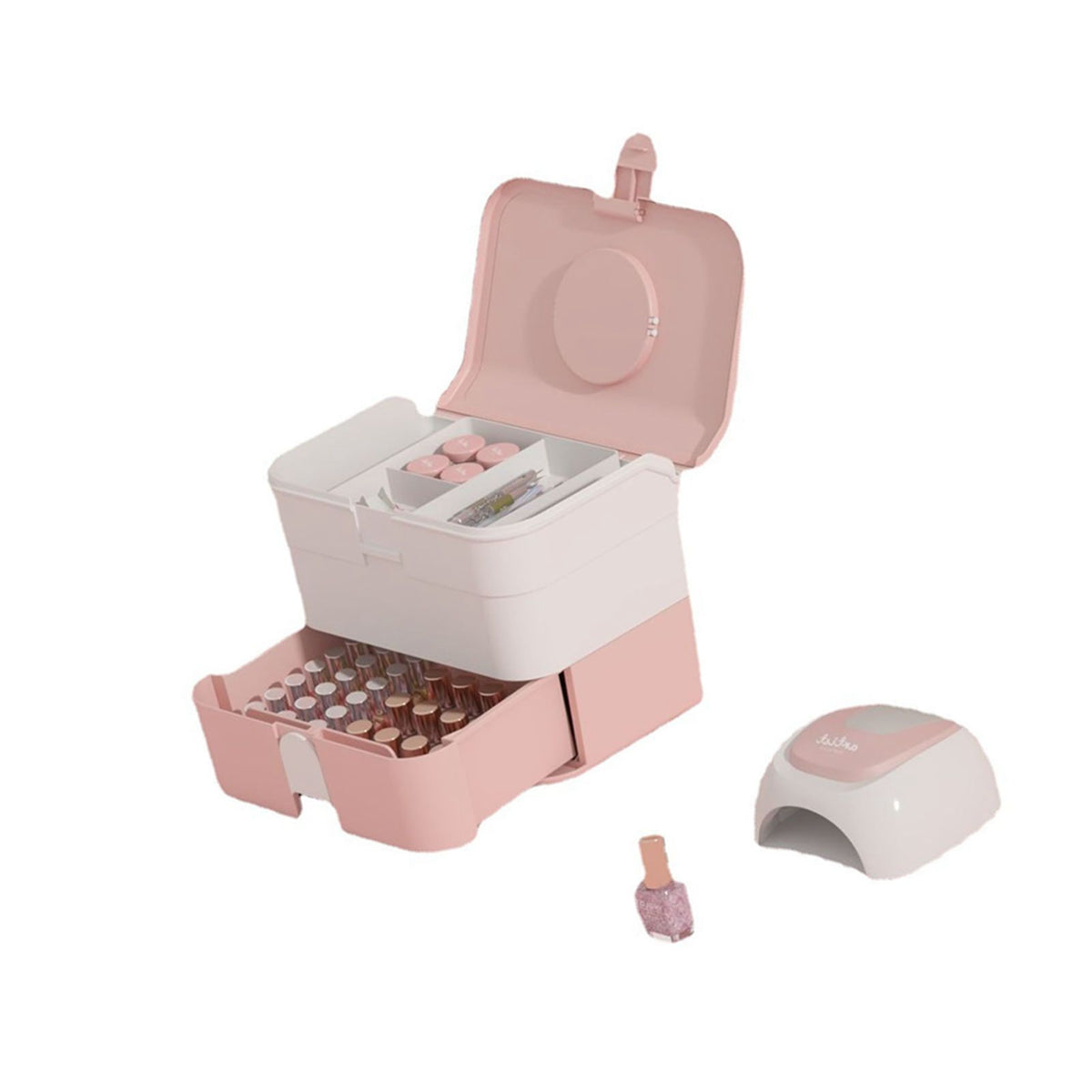 Cosmetic Storage Box 2 Layers Drawer Large Capacity Portable Makeup Storage Box with Handle for Nail Polish Nail Art Pink