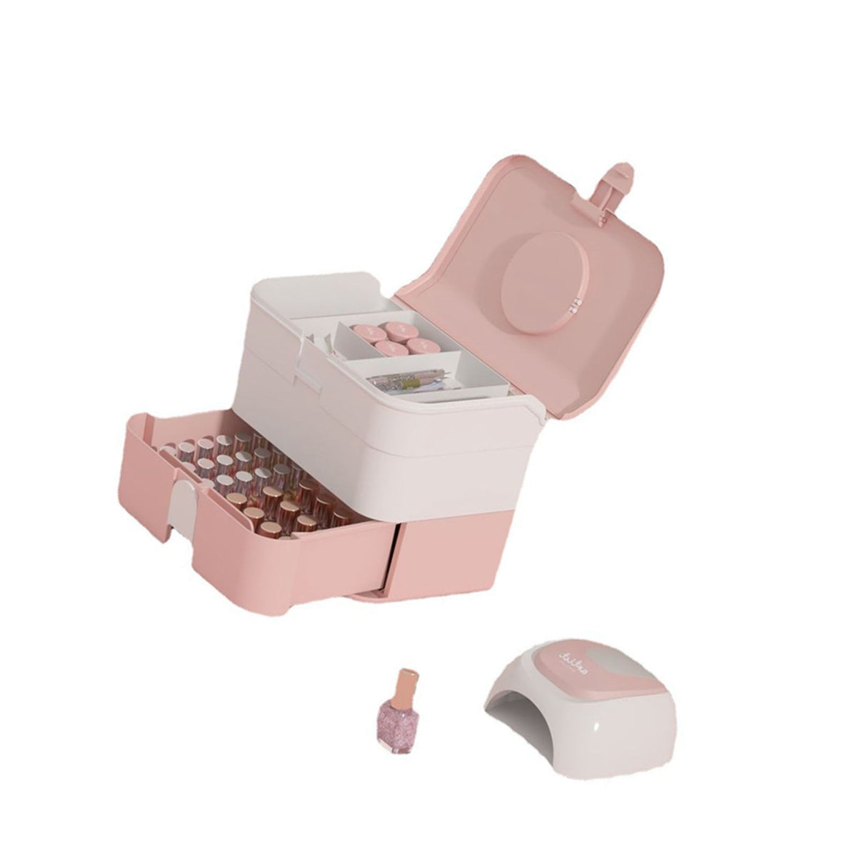 Cosmetic Storage Box 2 Layers Drawer Large Capacity Portable Makeup Storage Box with Handle for Nail Polish Nail Art Pink