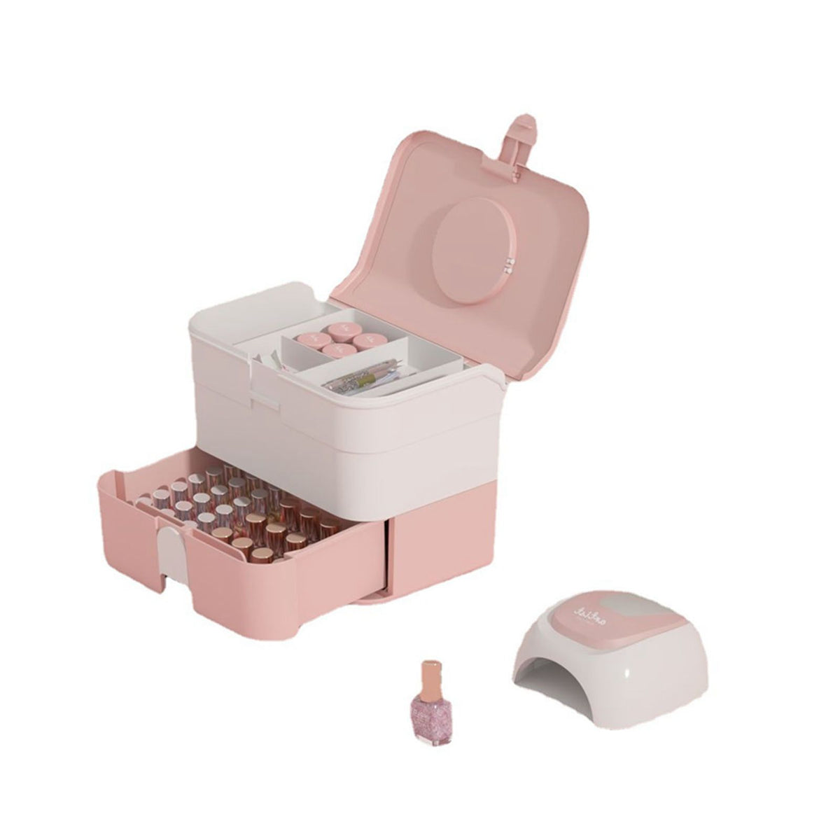 Cosmetic Storage Box 2 Layers Drawer Large Capacity Portable Makeup Storage Box with Handle for Nail Polish Nail Art Pink