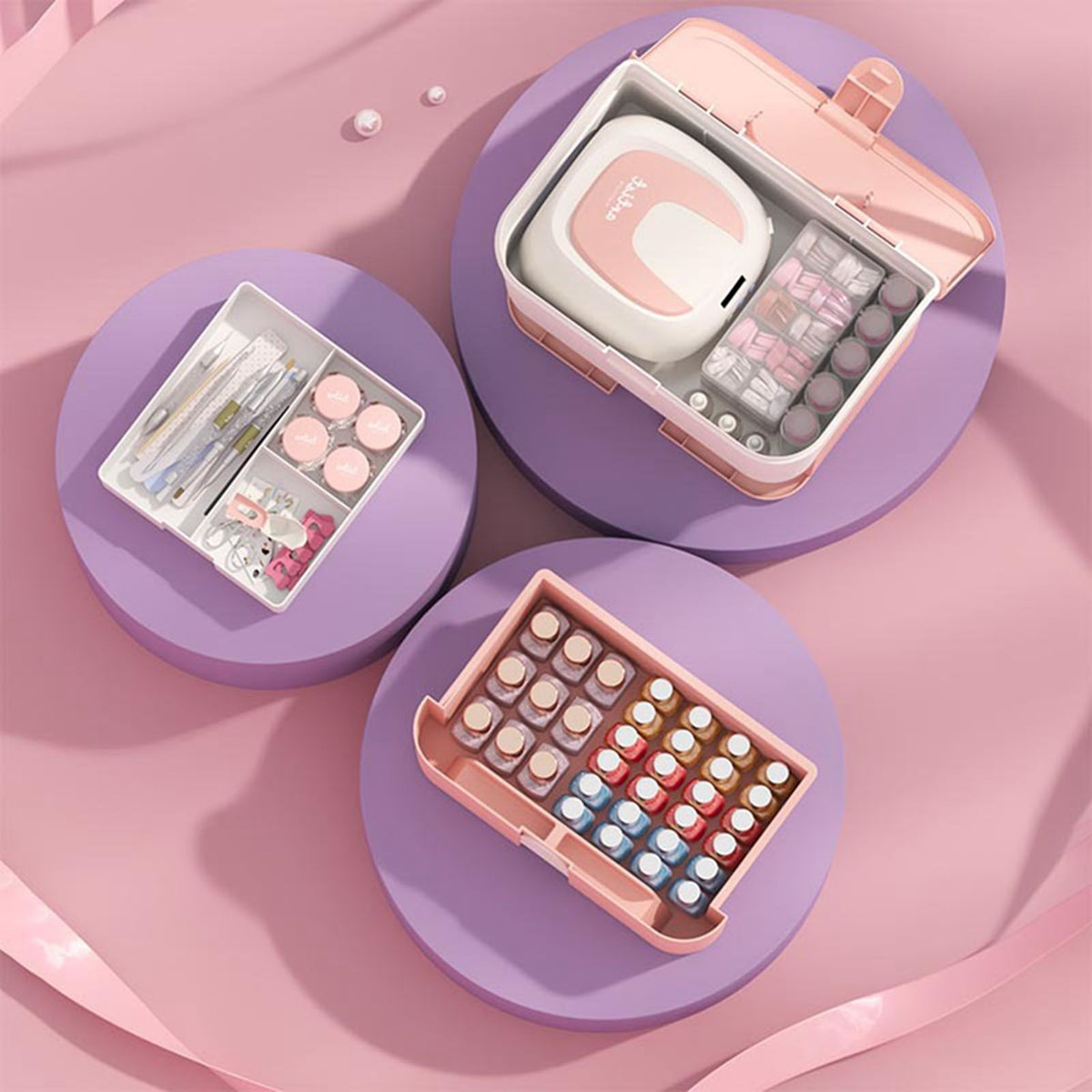Cosmetic Storage Box 2 Layers Drawer Large Capacity Portable Makeup Storage Box with Handle for Nail Polish Nail Art Pink