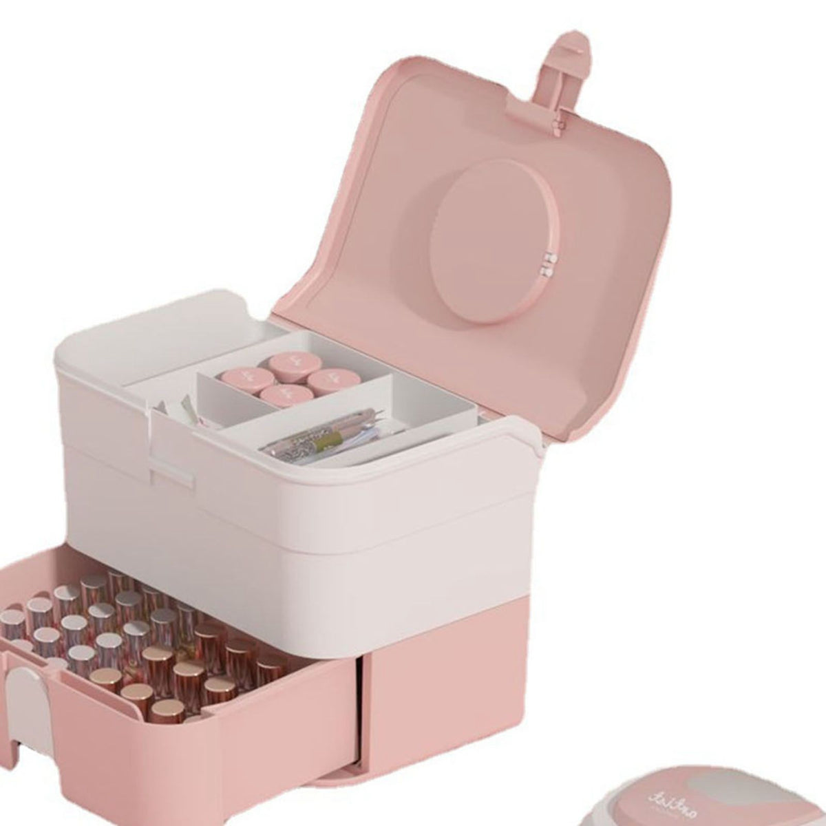 Cosmetic Storage Box 2 Layers Drawer Large Capacity Portable Makeup Storage Box with Handle for Nail Polish Nail Art Pink