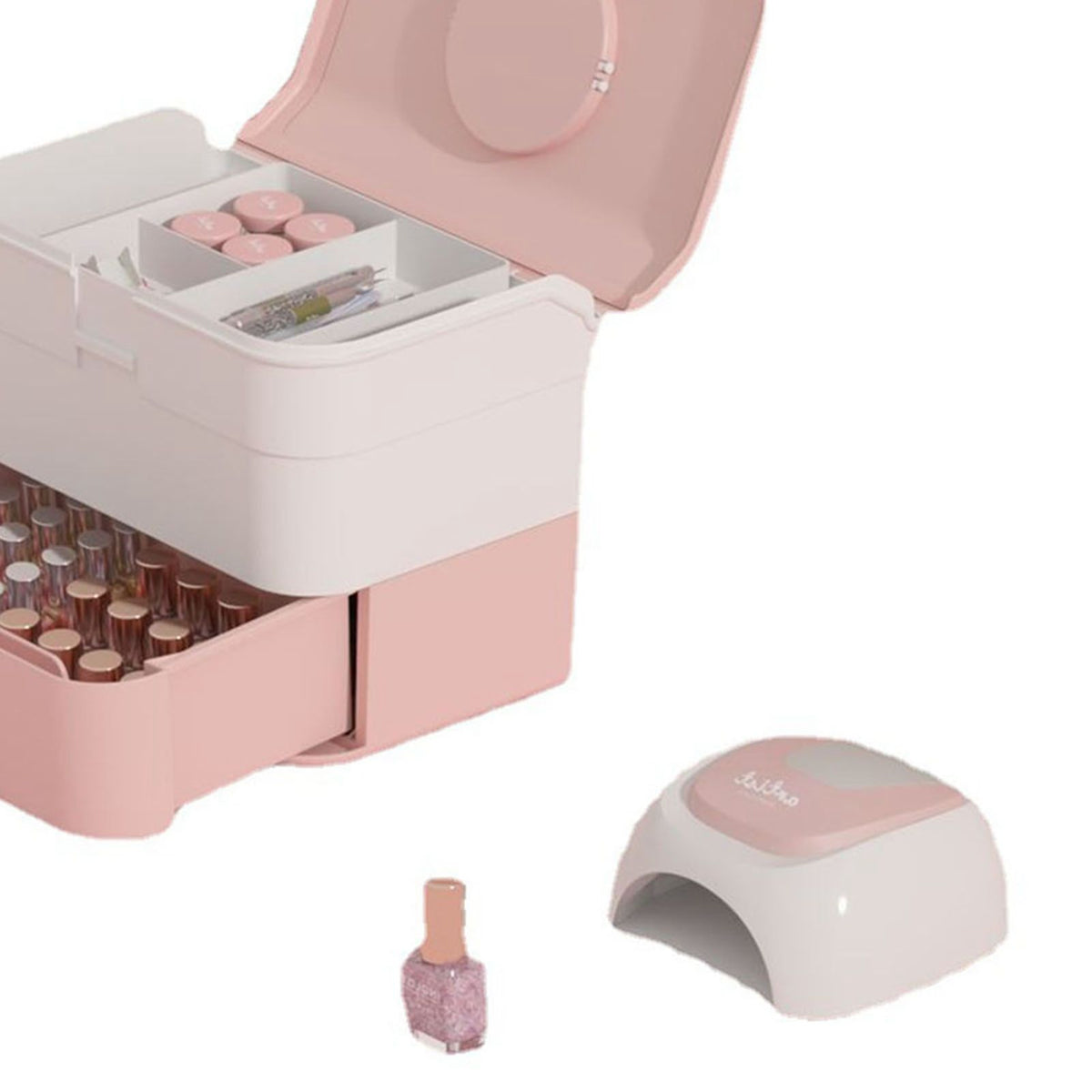 Cosmetic Storage Box 2 Layers Drawer Large Capacity Portable Makeup Storage Box with Handle for Nail Polish Nail Art Pink