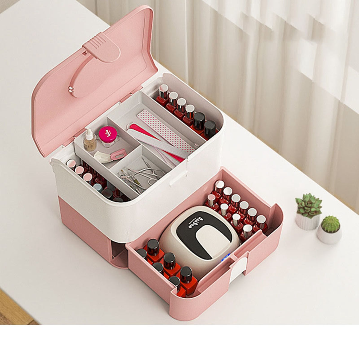 Cosmetic Storage Box 2 Layers Drawer Large Capacity Portable Makeup Storage Box with Handle for Nail Polish Nail Art Pink