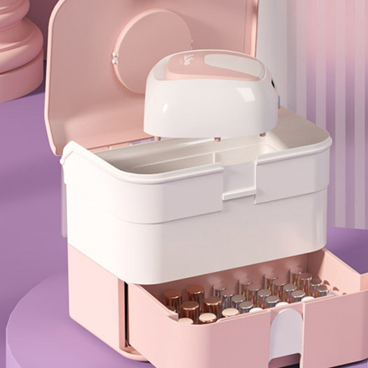 Cosmetic Storage Box 2 Layers Drawer Large Capacity Portable Makeup Storage Box with Handle for Nail Polish Nail Art Pink