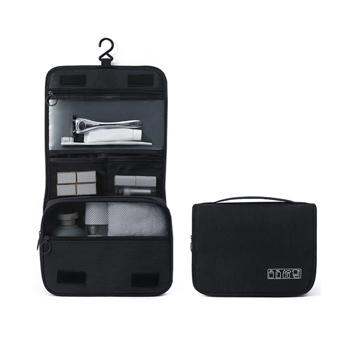 Black Travel Storage Bag with Hook Wet Dry Separation Large Capacity Hanging Toiletries Storage Bag