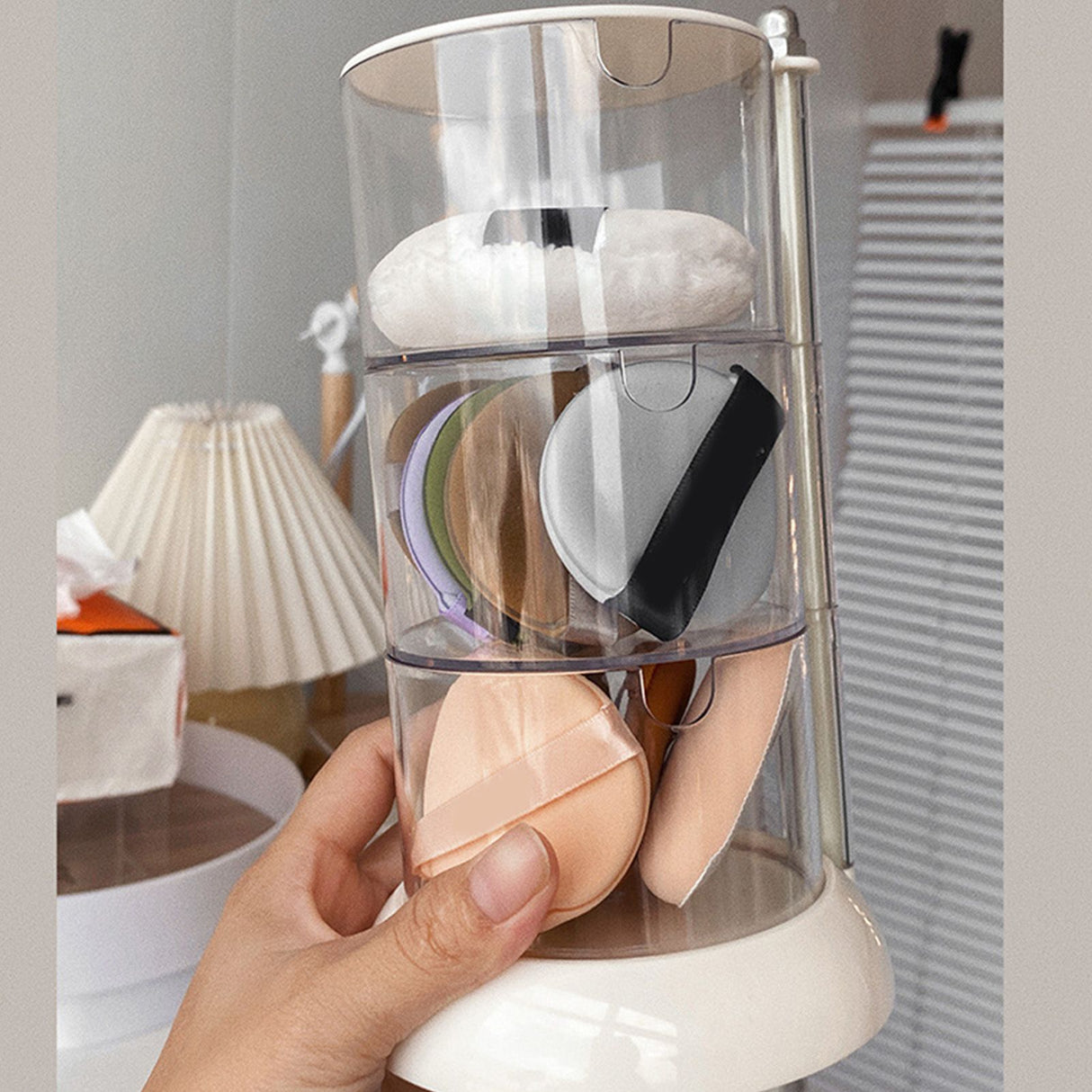 Multi Layer Powder Puff Organizer Breathable Dustproof Earring White Rotatable Container for Home 3 Tiers