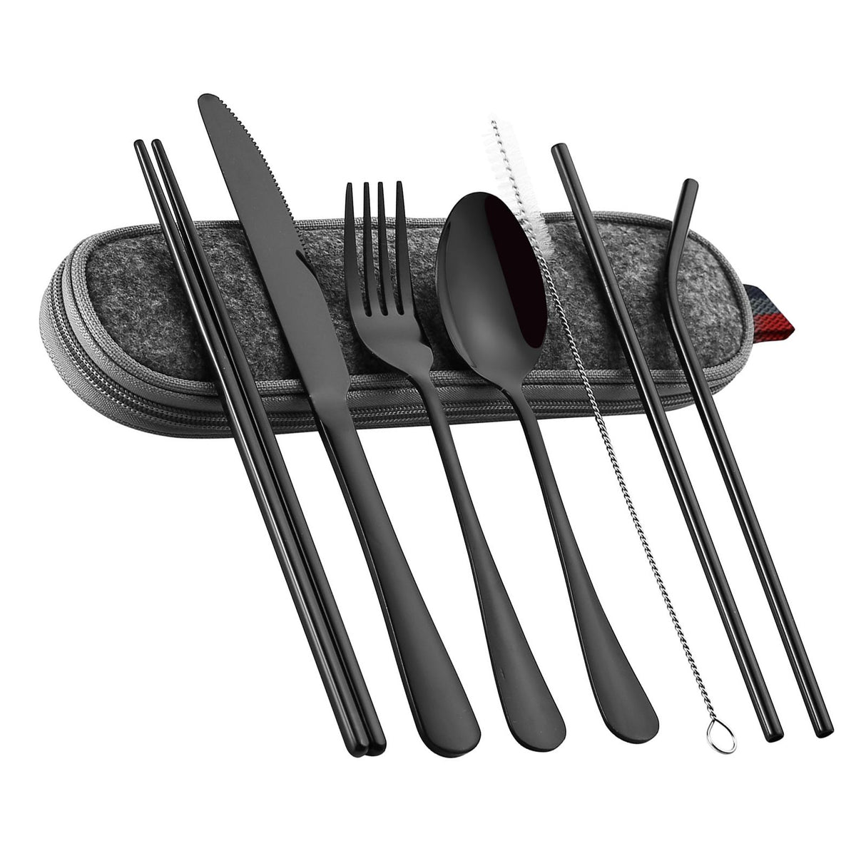 8 Pieces Stainless Steel Flatware Set Portable Travel Cutlery Set with Case Chopsticks Knife Fork Spoon Straws Cleaning Brush