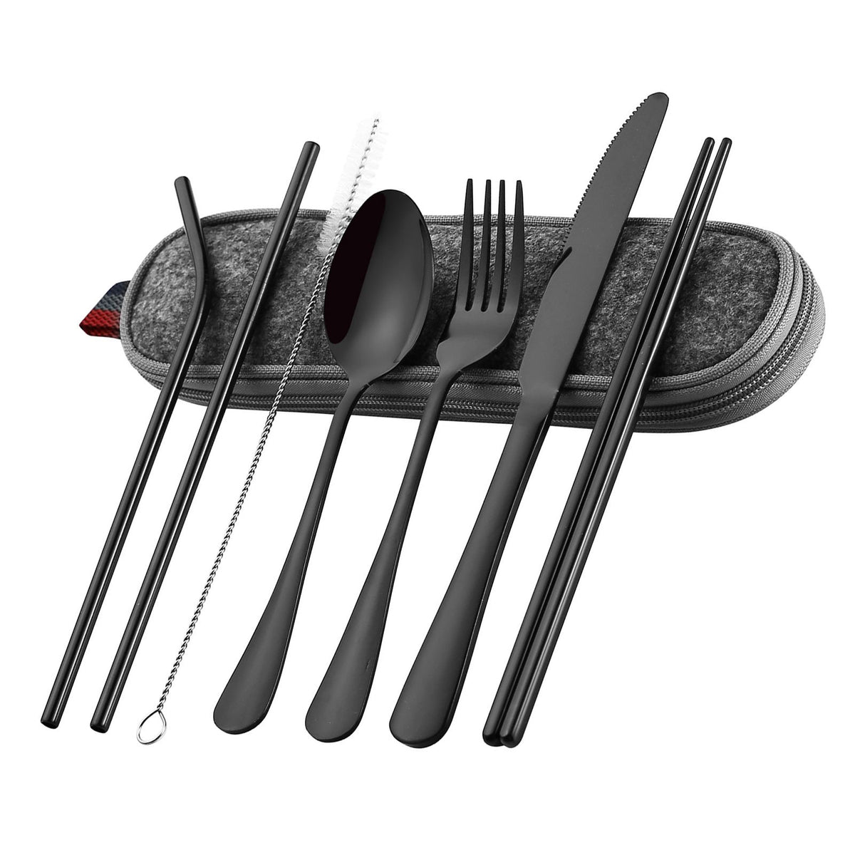 8 Pieces Stainless Steel Flatware Set Portable Travel Cutlery Set with Case Chopsticks Knife Fork Spoon Straws Cleaning Brush