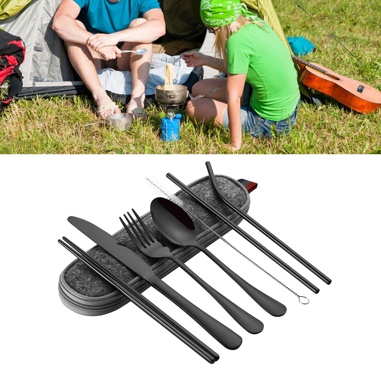 8 Pieces Stainless Steel Flatware Set Portable Travel Cutlery Set with Case Chopsticks Knife Fork Spoon Straws Cleaning Brush
