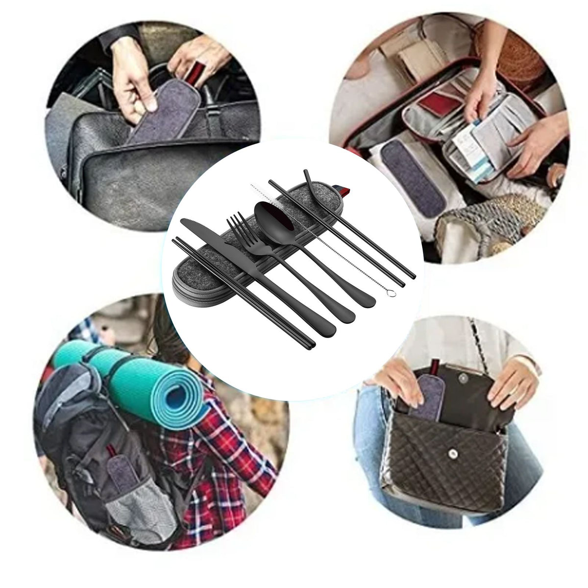 8 Pieces Stainless Steel Flatware Set Portable Travel Cutlery Set with Case Chopsticks Knife Fork Spoon Straws Cleaning Brush