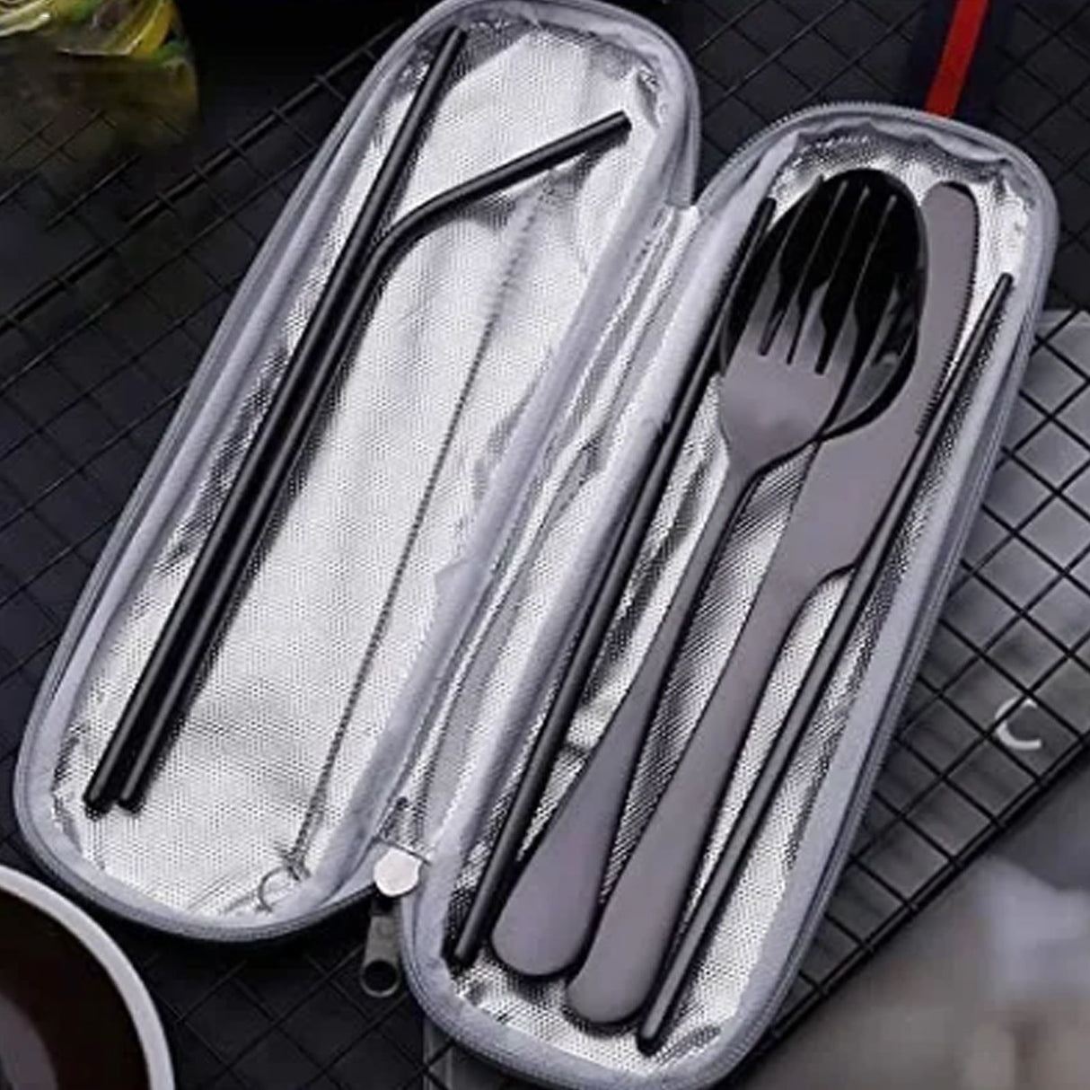 8 Pieces Stainless Steel Flatware Set Portable Travel Cutlery Set with Case Chopsticks Knife Fork Spoon Straws Cleaning Brush